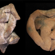 Ceramic ballplayer figurines (both broken) found above the ballcourt. Both figurines feature thick belts, called yokes, with a loincloth, while the figure on the left has an additional collar element.